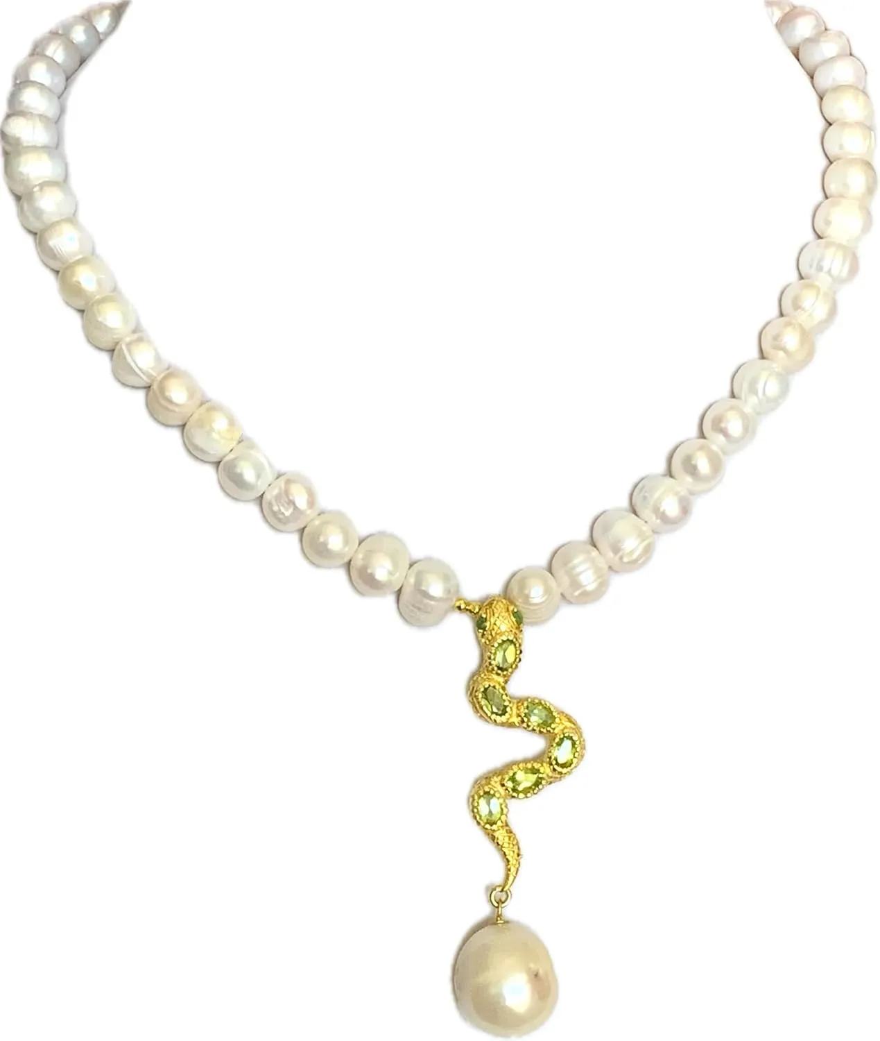Freshwater Cultured Baroque PEARLS and 6 Peridot Natural Gemstones 18K Yellow gold-plated silver, Serpent Sensual Necklace 16-18 inches long, Fine Jewelry.