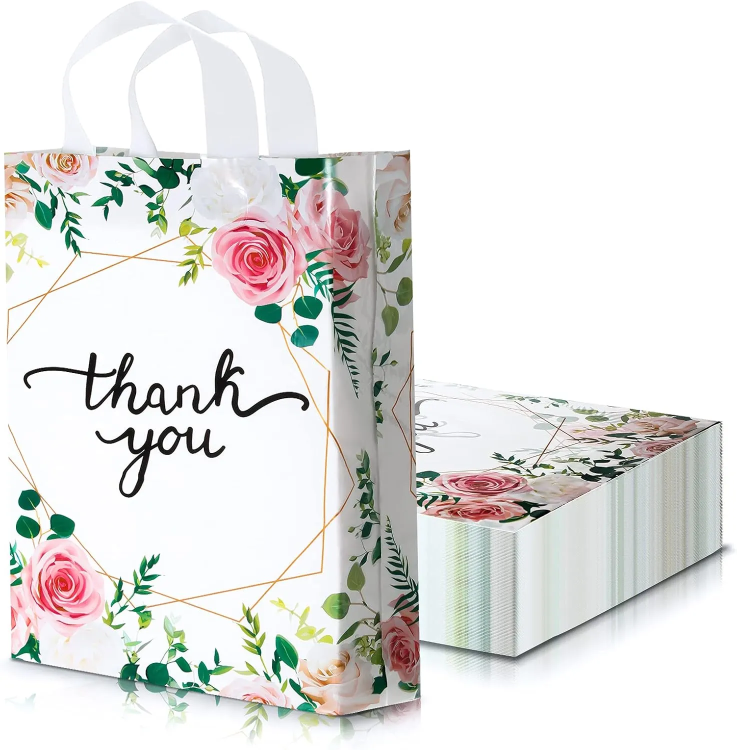 Frienda Bulk Floral Thank You Bags 11. 8 x 15 Inch Merchandise Retail Plastic Shopping Bags with Handle for Shopping Present Wrapping, 2. 76 Mil Thick(100 Pieces)