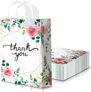 Frienda Bulk Floral Thank You Bags 11. 8 x 15 Inch Merchandise Retail Plastic Shopping Bags with Handle for Shopping Present Wrapping, 2. 76 Mil Thick(100 Pieces)