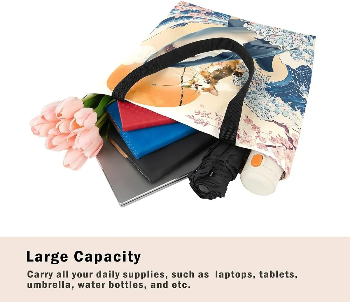 Funny Corgi Dog Canvas Bag Japanese Ocean Wave Grocery Bag, Cartoon Asian Fun Anime Canvas Tote Bag
