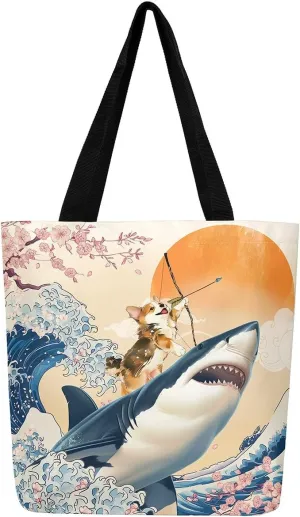 Funny Corgi Dog Canvas Bag Japanese Ocean Wave Grocery Bag, Cartoon Asian Fun Anime Canvas Tote Bag