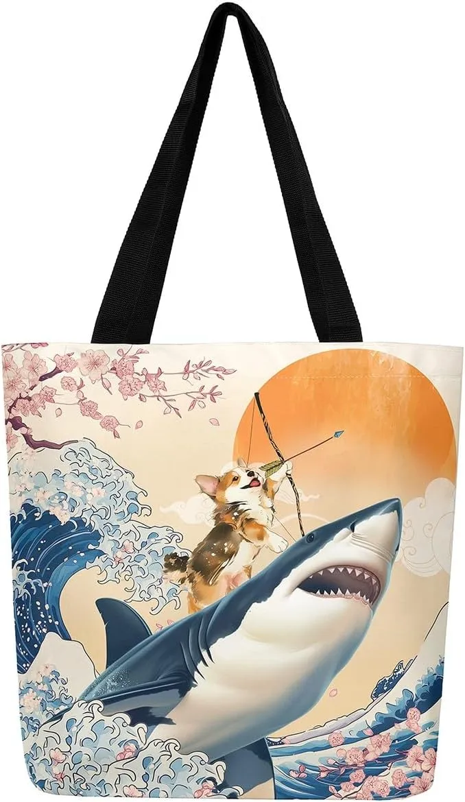 Funny Corgi Dog Canvas Bag Japanese Ocean Wave Grocery Bag, Cartoon Asian Fun Anime Canvas Tote Bag