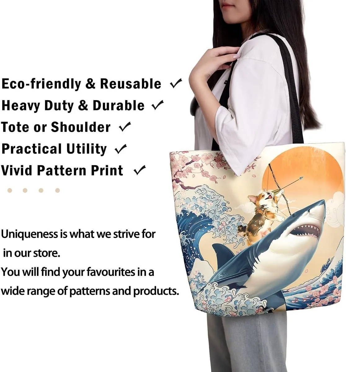 Funny Corgi Dog Canvas Bag Japanese Ocean Wave Grocery Bag, Cartoon Asian Fun Anime Canvas Tote Bag