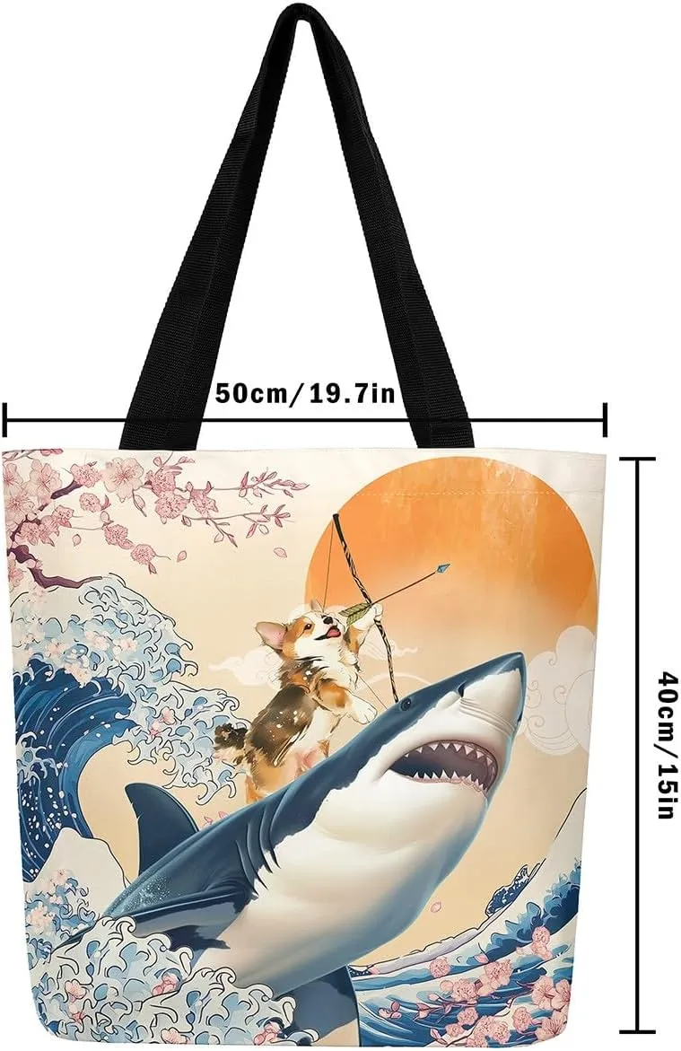 Funny Corgi Dog Canvas Bag Japanese Ocean Wave Grocery Bag, Cartoon Asian Fun Anime Canvas Tote Bag