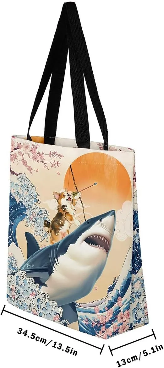 Funny Corgi Dog Canvas Bag Japanese Ocean Wave Grocery Bag, Cartoon Asian Fun Anime Canvas Tote Bag
