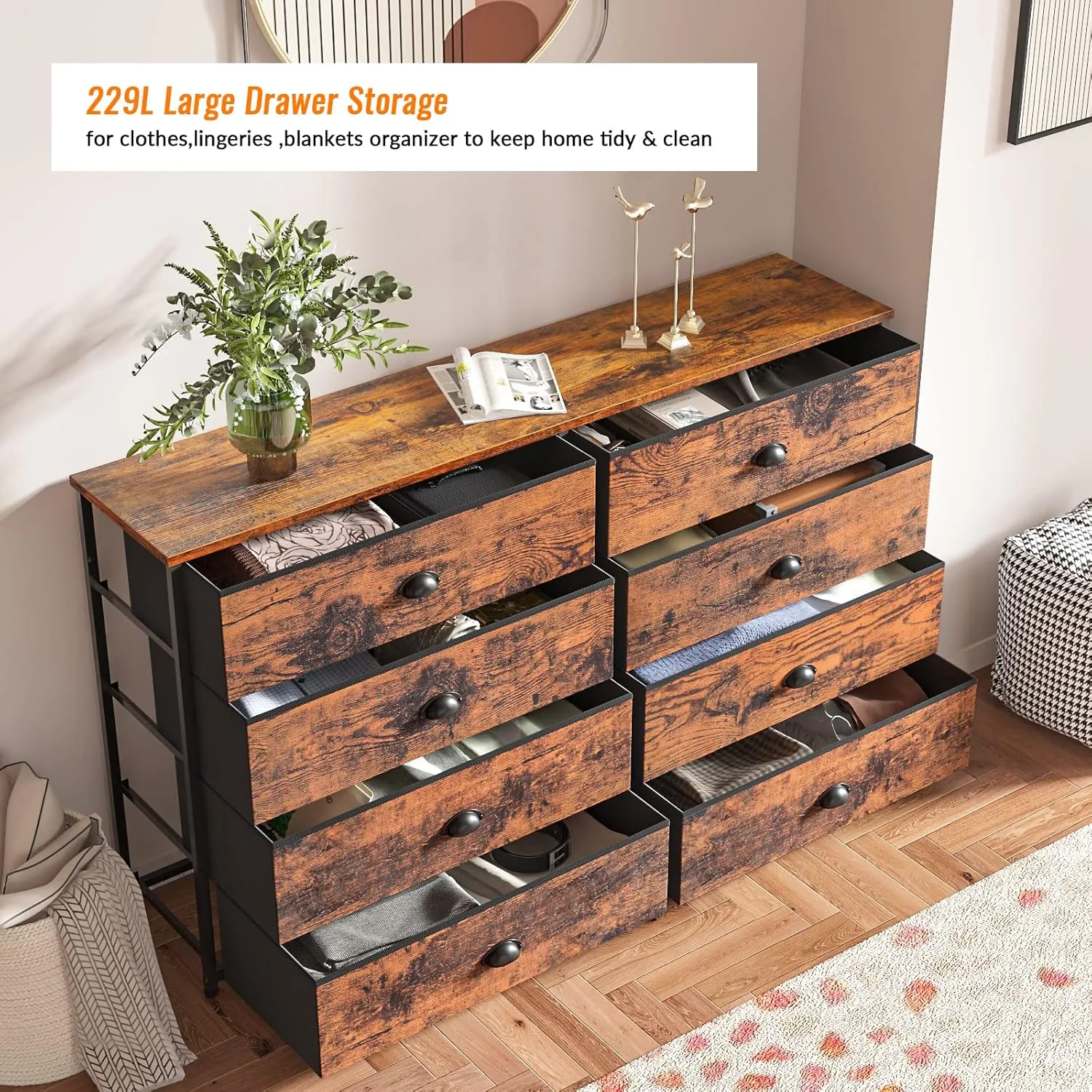 Furnulem Long Dresser for Bedroom, TV Stand for 55'' TV, Wide Storage Drawer Unit with 8 Fabric Bins, Double Dresser for Bedroom, Office, Dorm, Closet, Entryway, Wood Top (Rustic Brown)