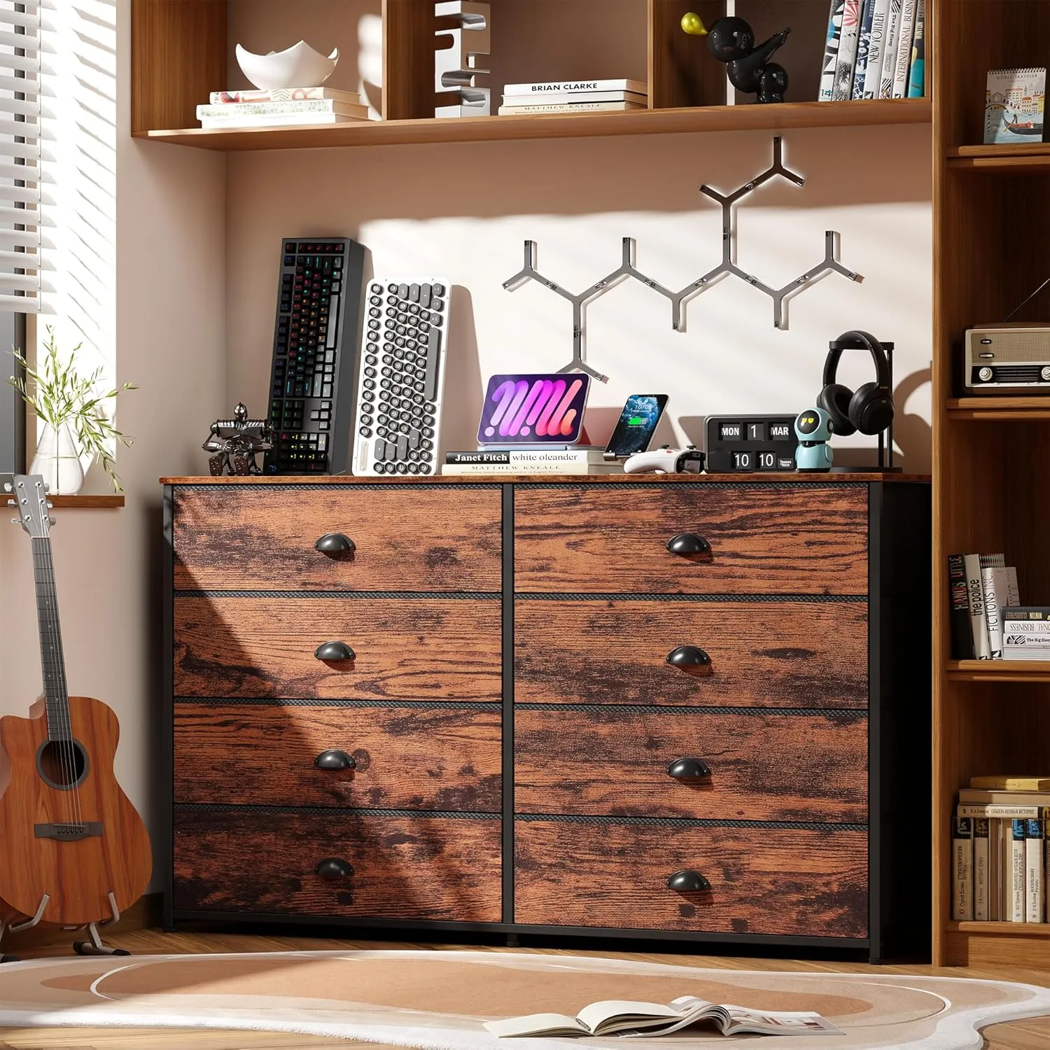 Furnulem Long Dresser for Bedroom, TV Stand for 55'' TV, Wide Storage Drawer Unit with 8 Fabric Bins, Double Dresser for Bedroom, Office, Dorm, Closet, Entryway, Wood Top (Rustic Brown)