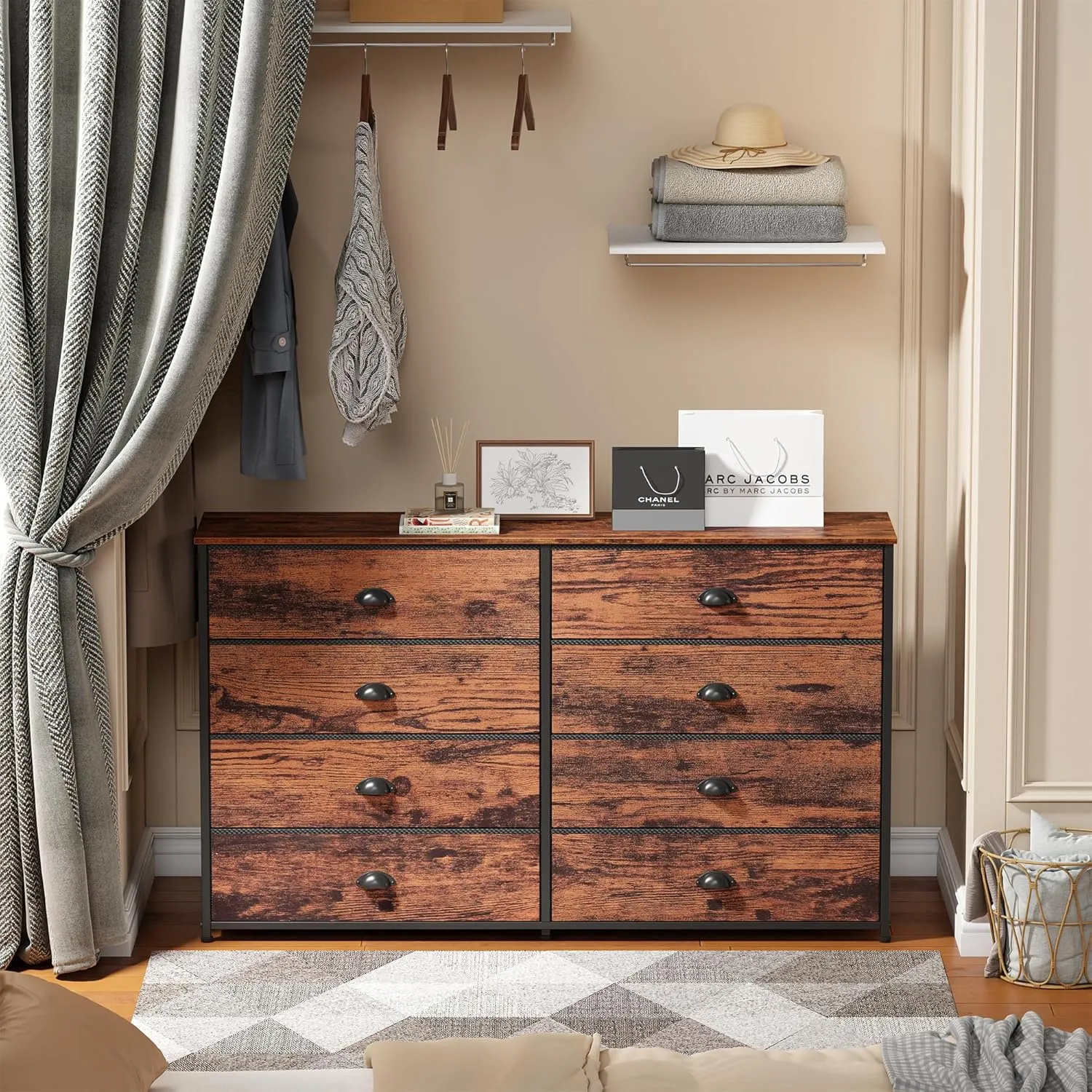 Furnulem Long Dresser for Bedroom, TV Stand for 55'' TV, Wide Storage Drawer Unit with 8 Fabric Bins, Double Dresser for Bedroom, Office, Dorm, Closet, Entryway, Wood Top (Rustic Brown)