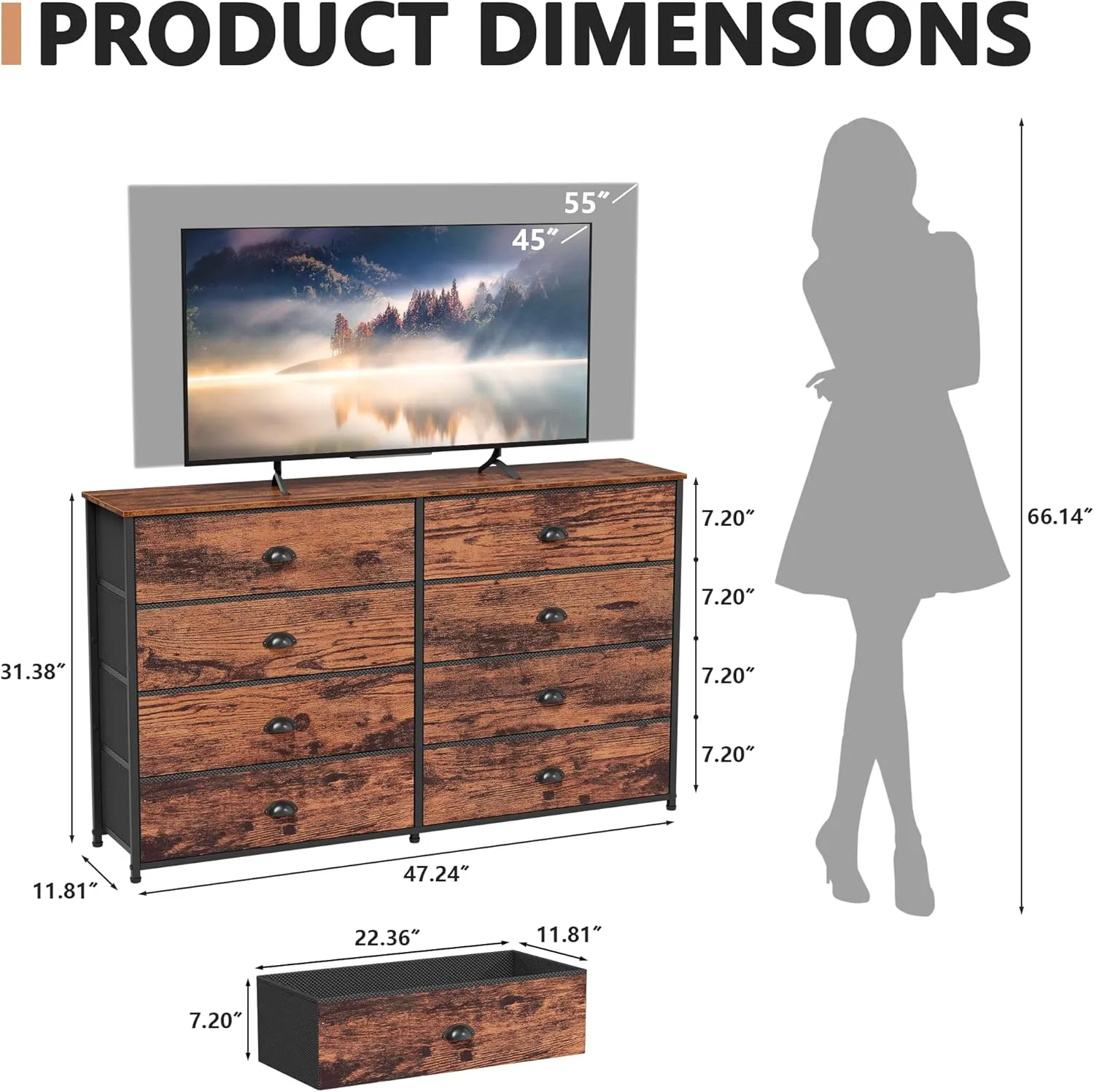 Furnulem Long Dresser for Bedroom, TV Stand for 55'' TV, Wide Storage Drawer Unit with 8 Fabric Bins, Double Dresser for Bedroom, Office, Dorm, Closet, Entryway, Wood Top (Rustic Brown)