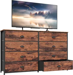 Furnulem Long Dresser for Bedroom, TV Stand for 55'' TV, Wide Storage Drawer Unit with 8 Fabric Bins, Double Dresser for Bedroom, Office, Dorm, Closet, Entryway, Wood Top (Rustic Brown)
