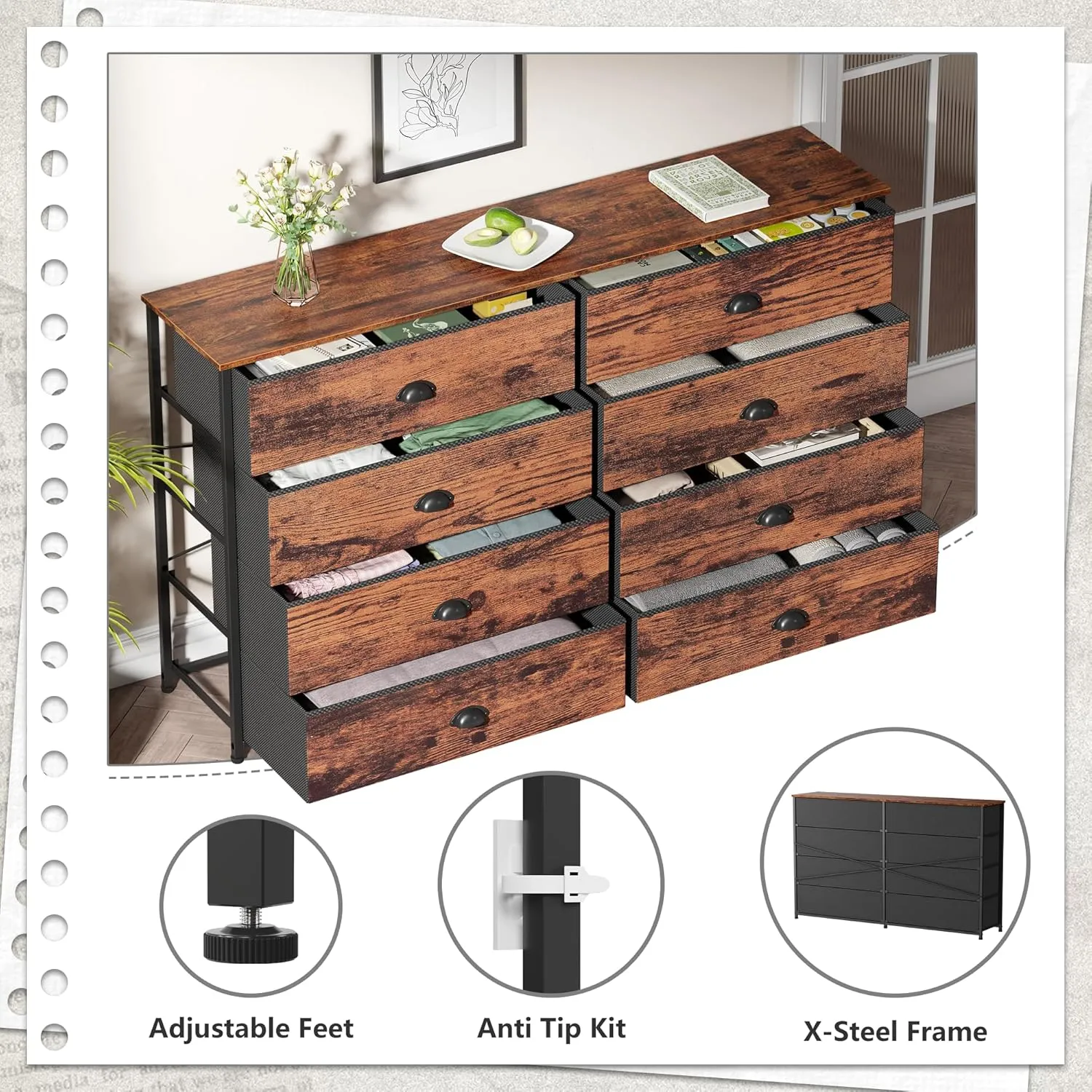 Furnulem Long Dresser for Bedroom, TV Stand for 55'' TV, Wide Storage Drawer Unit with 8 Fabric Bins, Double Dresser for Bedroom, Office, Dorm, Closet, Entryway, Wood Top (Rustic Brown)