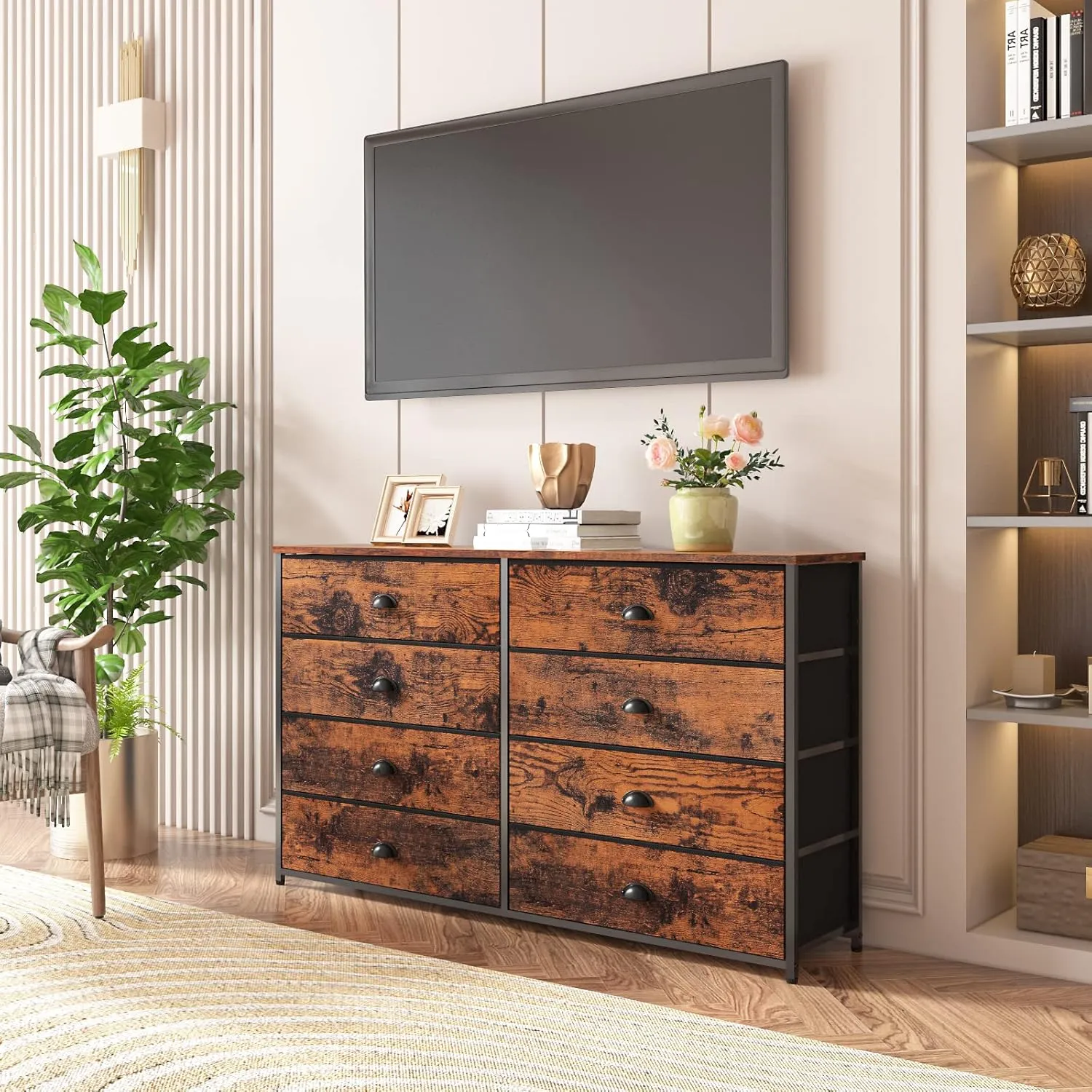 Furnulem Long Dresser for Bedroom, TV Stand for 55'' TV, Wide Storage Drawer Unit with 8 Fabric Bins, Double Dresser for Bedroom, Office, Dorm, Closet, Entryway, Wood Top (Rustic Brown)