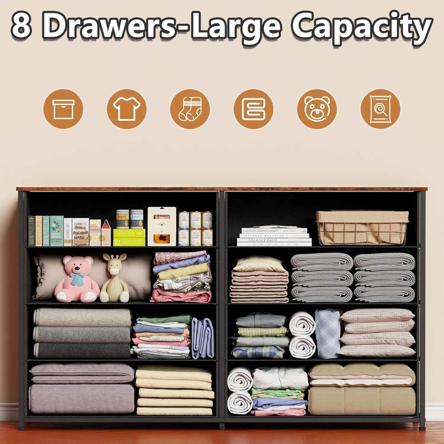 Furnulem Long Dresser for Bedroom, TV Stand for 55'' TV, Wide Storage Drawer Unit with 8 Fabric Bins, Double Dresser for Bedroom, Office, Dorm, Closet, Entryway, Wood Top (Rustic Brown)