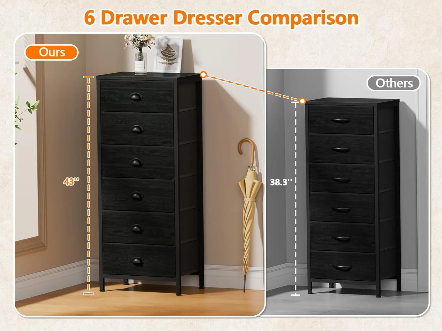 Furnulem Tall Dresser with 6 Drawers,Vertical Bedside End Table & Chest for Bedroom,Black Storage Tower Dorm Nightstand with Fabric Drawer Organizer Unit Furniture in Living Room,Closet,Hallyway