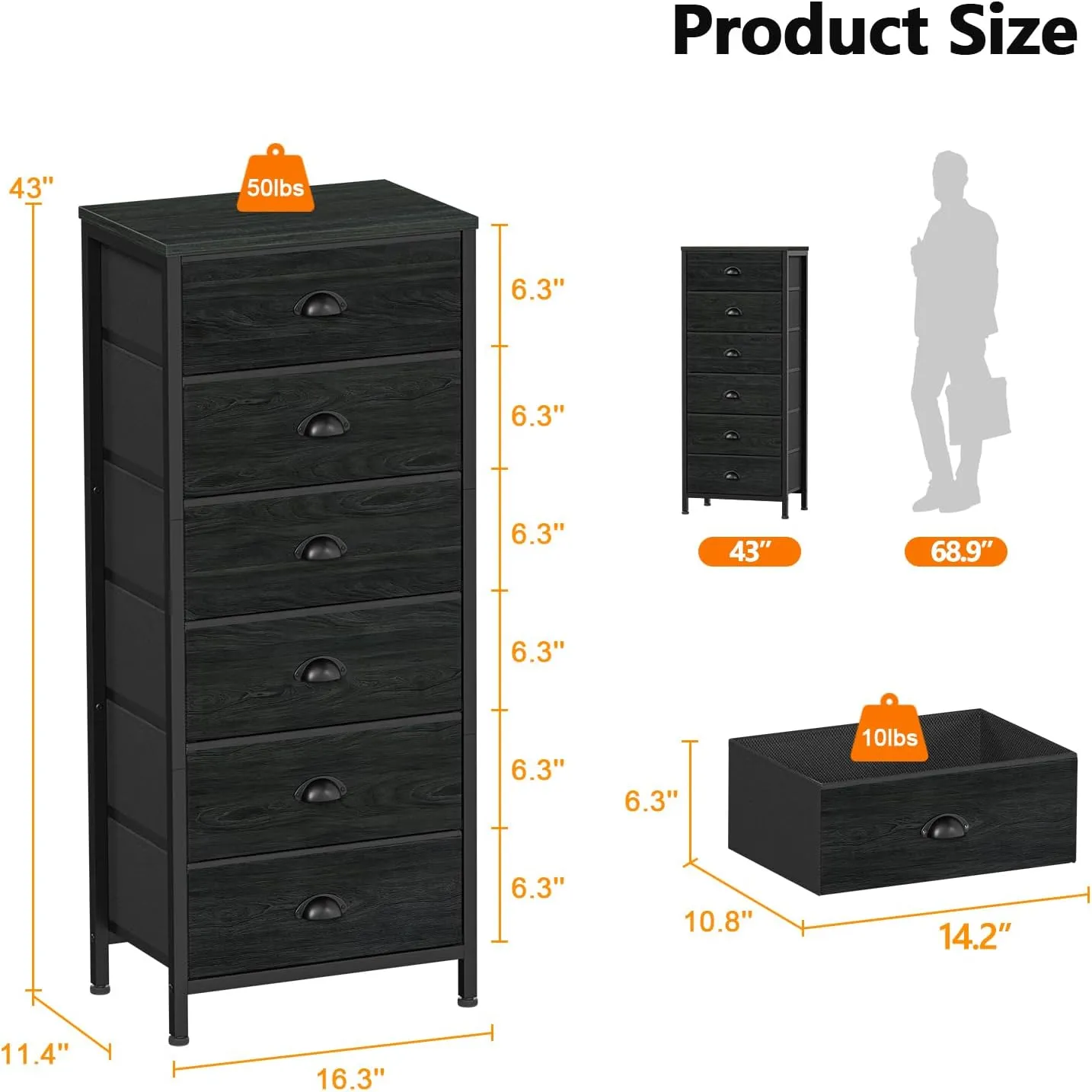 Furnulem Tall Dresser with 6 Drawers,Vertical Bedside End Table & Chest for Bedroom,Black Storage Tower Dorm Nightstand with Fabric Drawer Organizer Unit Furniture in Living Room,Closet,Hallyway