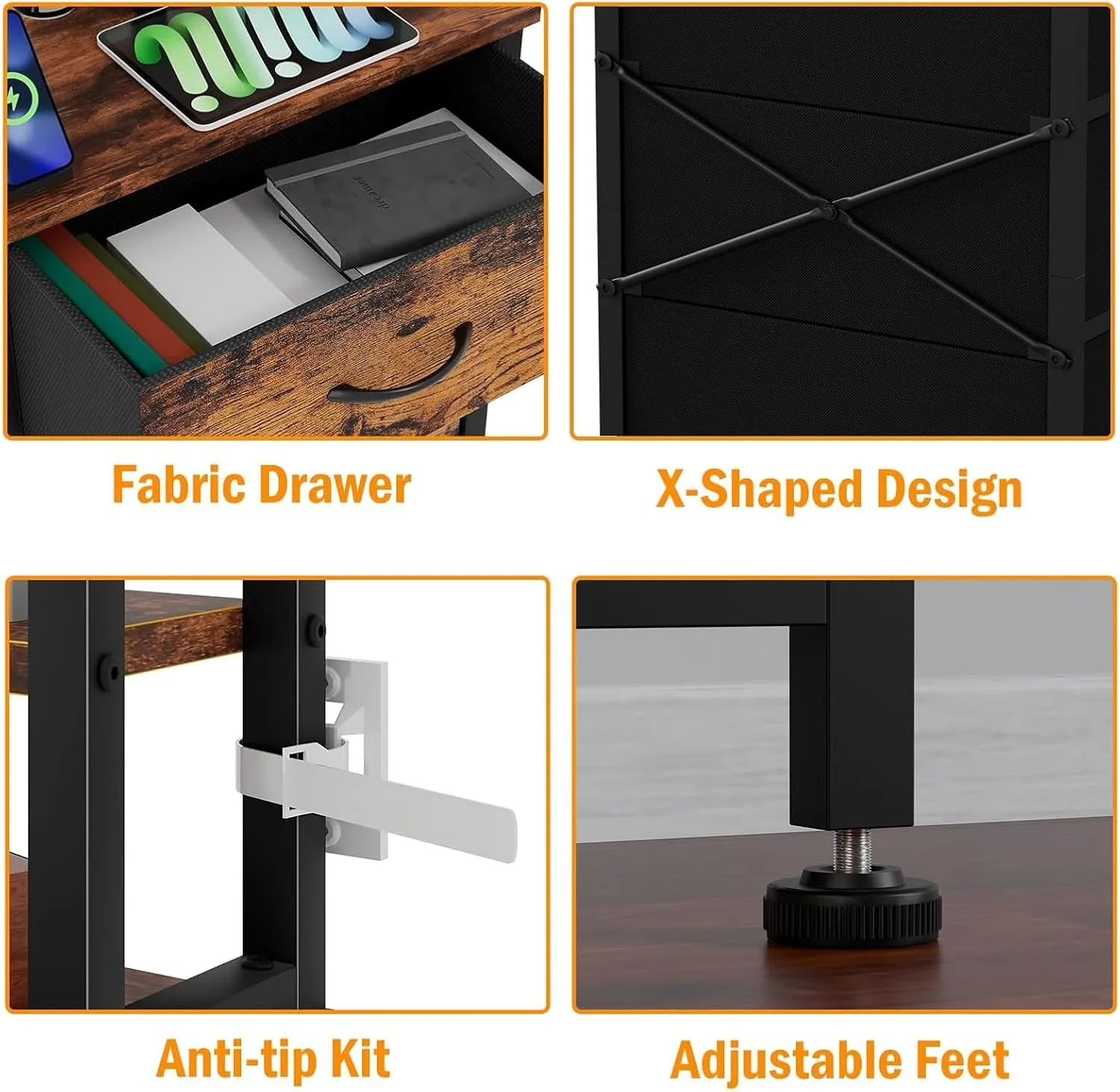 Furnulem Tall Night Stand with 3 Fabric Drawers and LED Lights, Nightstand with Bookshelf, 45.3inch Tall Bedside Tables with USB Ports in Bedroom, Dorm, Office,Metal Frame, Wood Shelves (Rustic Brown)