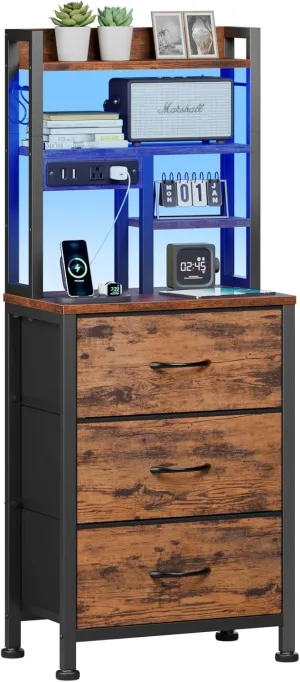 Furnulem Tall Night Stand with 3 Fabric Drawers and LED Lights, Nightstand with Bookshelf, 45.3inch Tall Bedside Tables with USB Ports in Bedroom, Dorm, Office,Metal Frame, Wood Shelves (Rustic Brown)