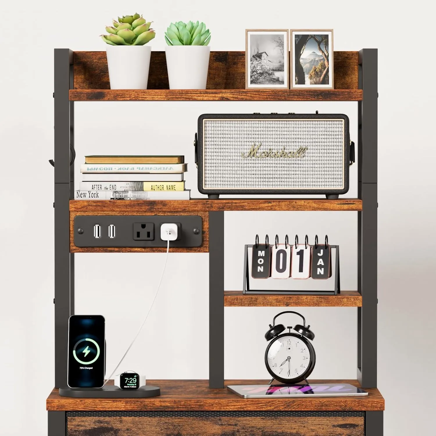 Furnulem Tall Night Stand with 3 Fabric Drawers and LED Lights, Nightstand with Bookshelf, 45.3inch Tall Bedside Tables with USB Ports in Bedroom, Dorm, Office,Metal Frame, Wood Shelves (Rustic Brown)