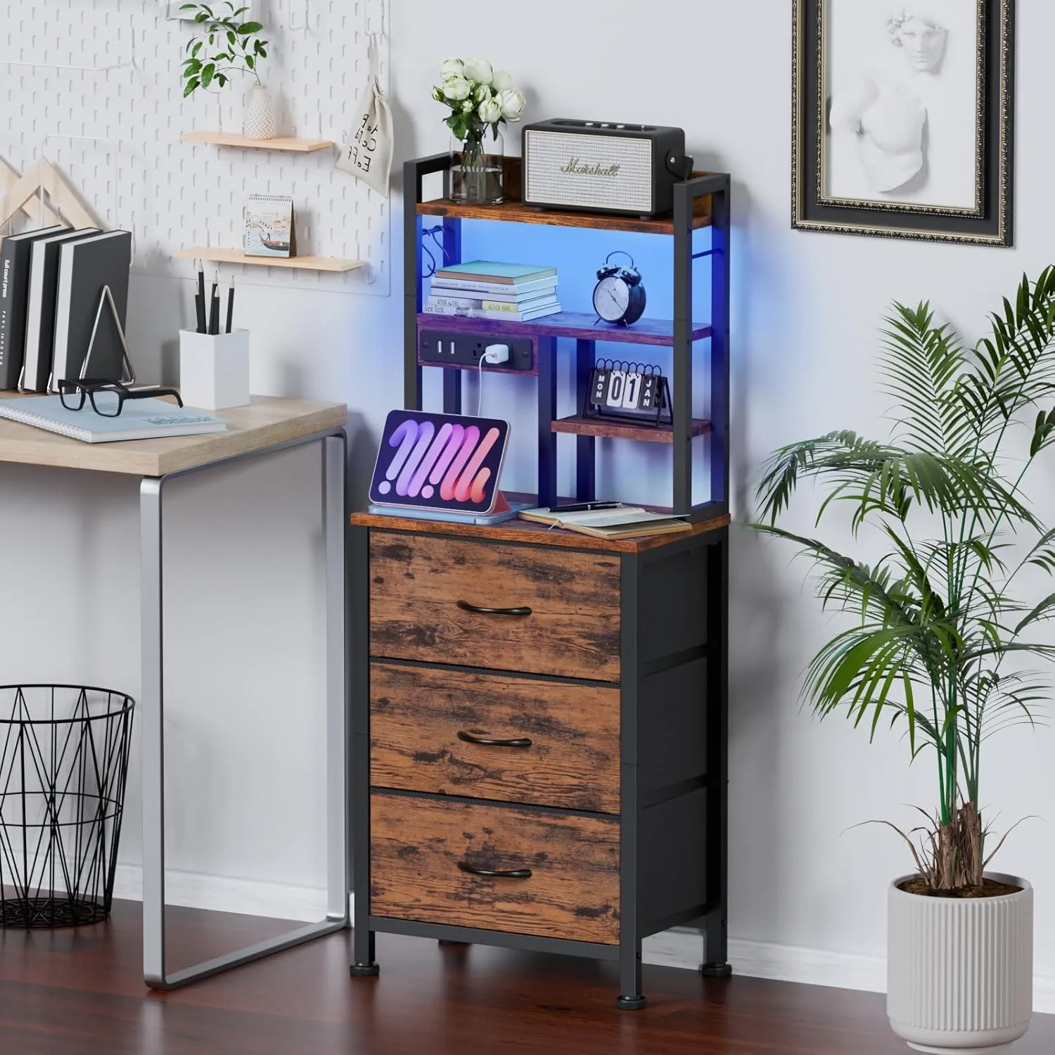 Furnulem Tall Night Stand with 3 Fabric Drawers and LED Lights, Nightstand with Bookshelf, 45.3inch Tall Bedside Tables with USB Ports in Bedroom, Dorm, Office,Metal Frame, Wood Shelves (Rustic Brown)