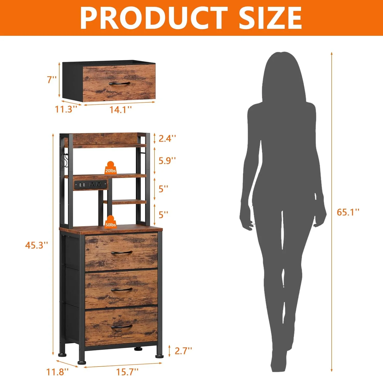 Furnulem Tall Night Stand with 3 Fabric Drawers and LED Lights, Nightstand with Bookshelf, 45.3inch Tall Bedside Tables with USB Ports in Bedroom, Dorm, Office,Metal Frame, Wood Shelves (Rustic Brown)
