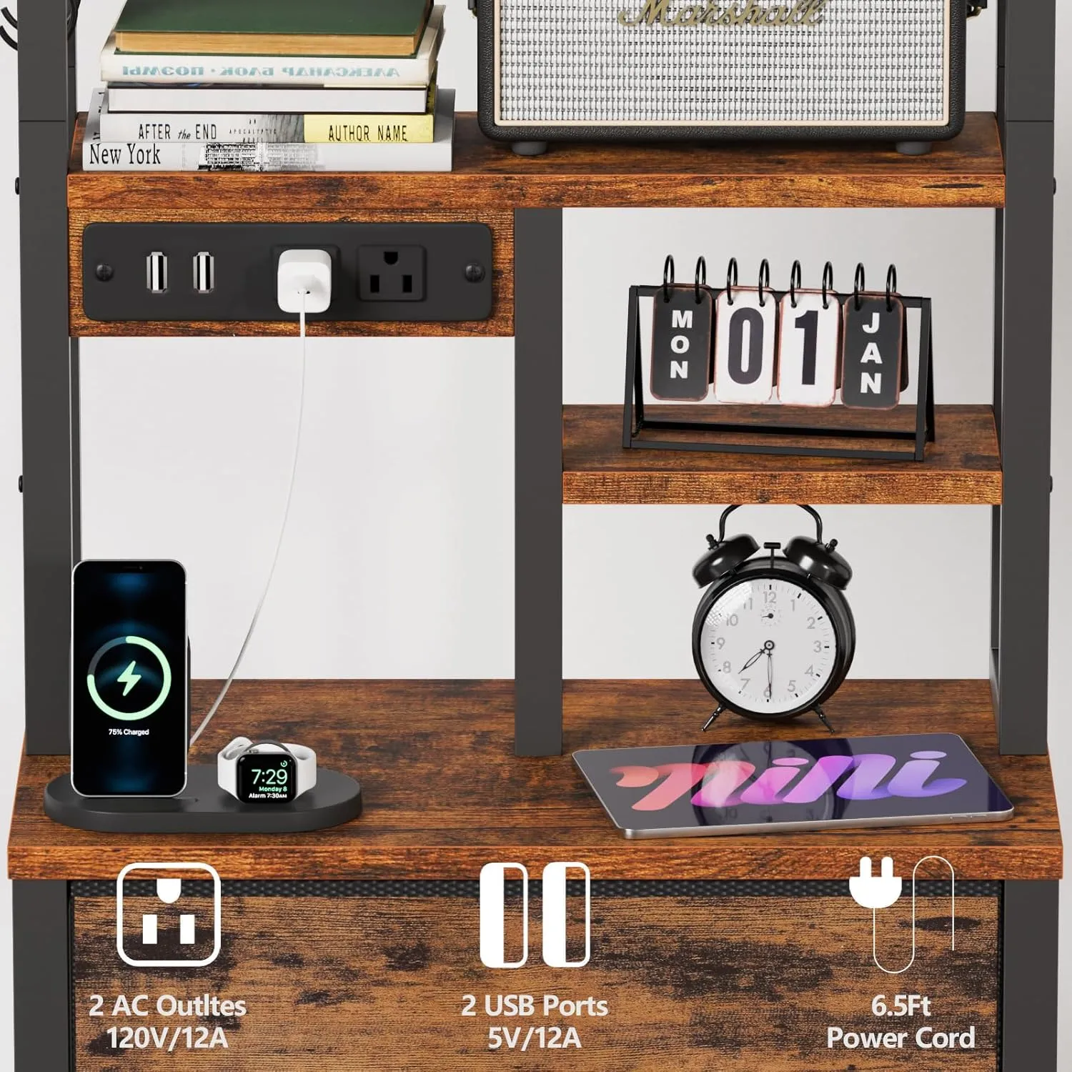 Furnulem Tall Night Stand with 3 Fabric Drawers and LED Lights, Nightstand with Bookshelf, 45.3inch Tall Bedside Tables with USB Ports in Bedroom, Dorm, Office,Metal Frame, Wood Shelves (Rustic Brown)
