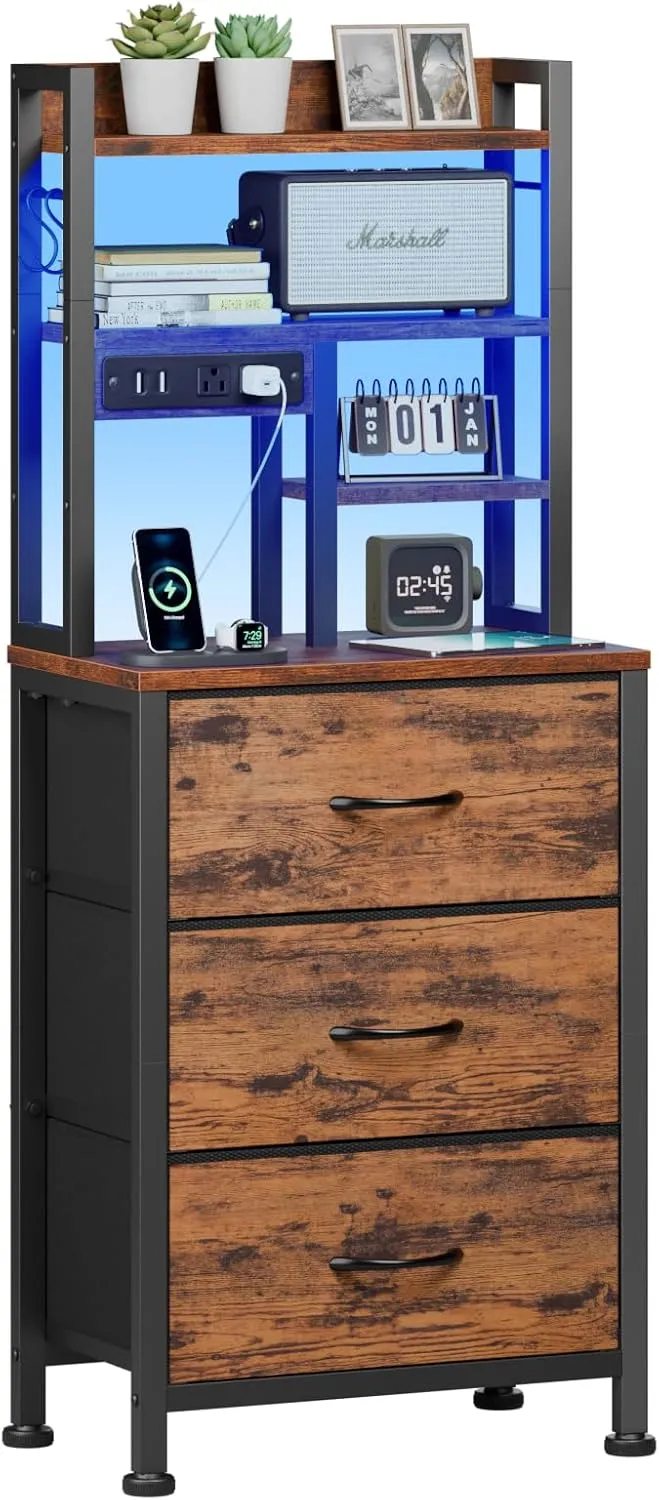Furnulem Tall Night Stand with 3 Fabric Drawers and LED Lights, Nightstand with Bookshelf, 45.3inch Tall Bedside Tables with USB Ports in Bedroom, Dorm, Office,Metal Frame, Wood Shelves (Rustic Brown)