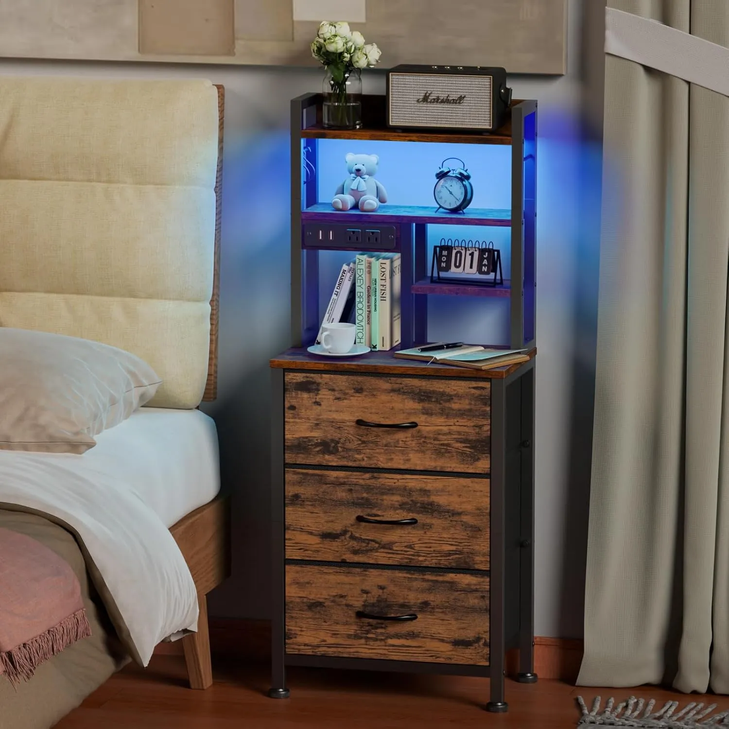 Furnulem Tall Night Stand with 3 Fabric Drawers and LED Lights, Nightstand with Bookshelf, 45.3inch Tall Bedside Tables with USB Ports in Bedroom, Dorm, Office,Metal Frame, Wood Shelves (Rustic Brown)