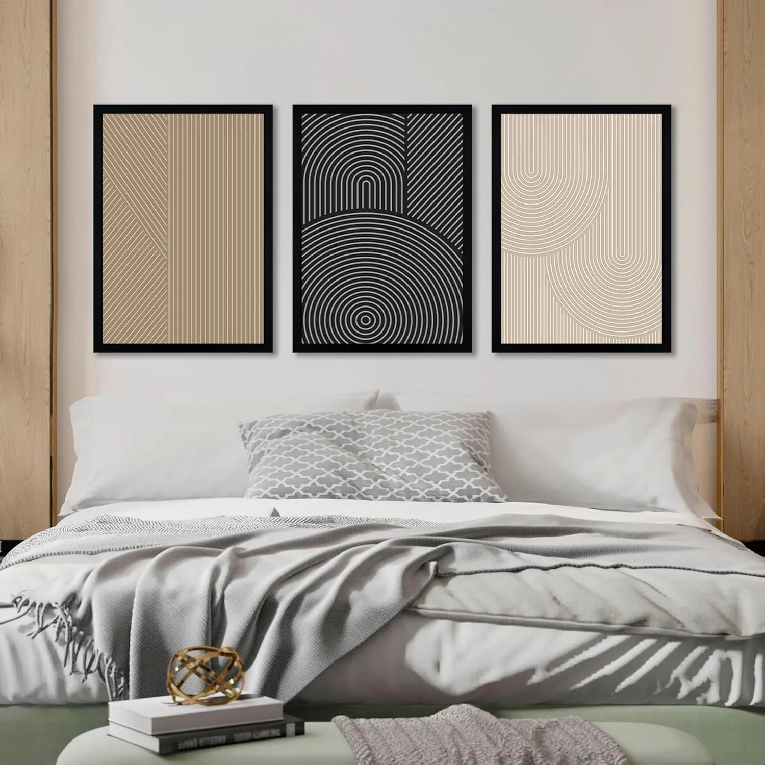 FWAHREN Framed Modern Abstract Minimalist Neutral Canvas Wall Art, Geometric Textured Line Mid Century Prints Artwork, Contemporary Japandi Wall Decor, Living Room Bedroom Office, Set of 3, 16x24in