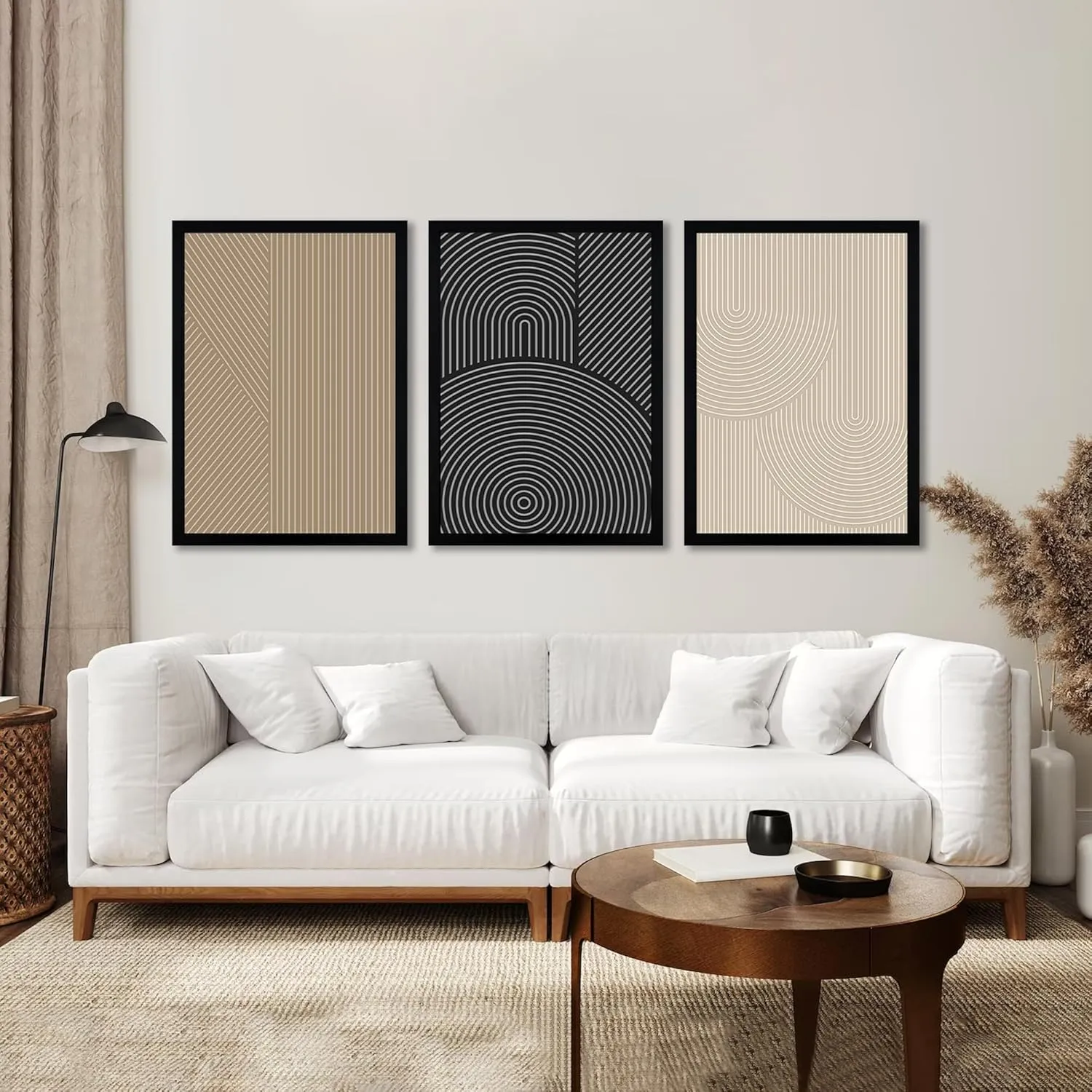 FWAHREN Framed Modern Abstract Minimalist Neutral Canvas Wall Art, Geometric Textured Line Mid Century Prints Artwork, Contemporary Japandi Wall Decor, Living Room Bedroom Office, Set of 3, 16x24in