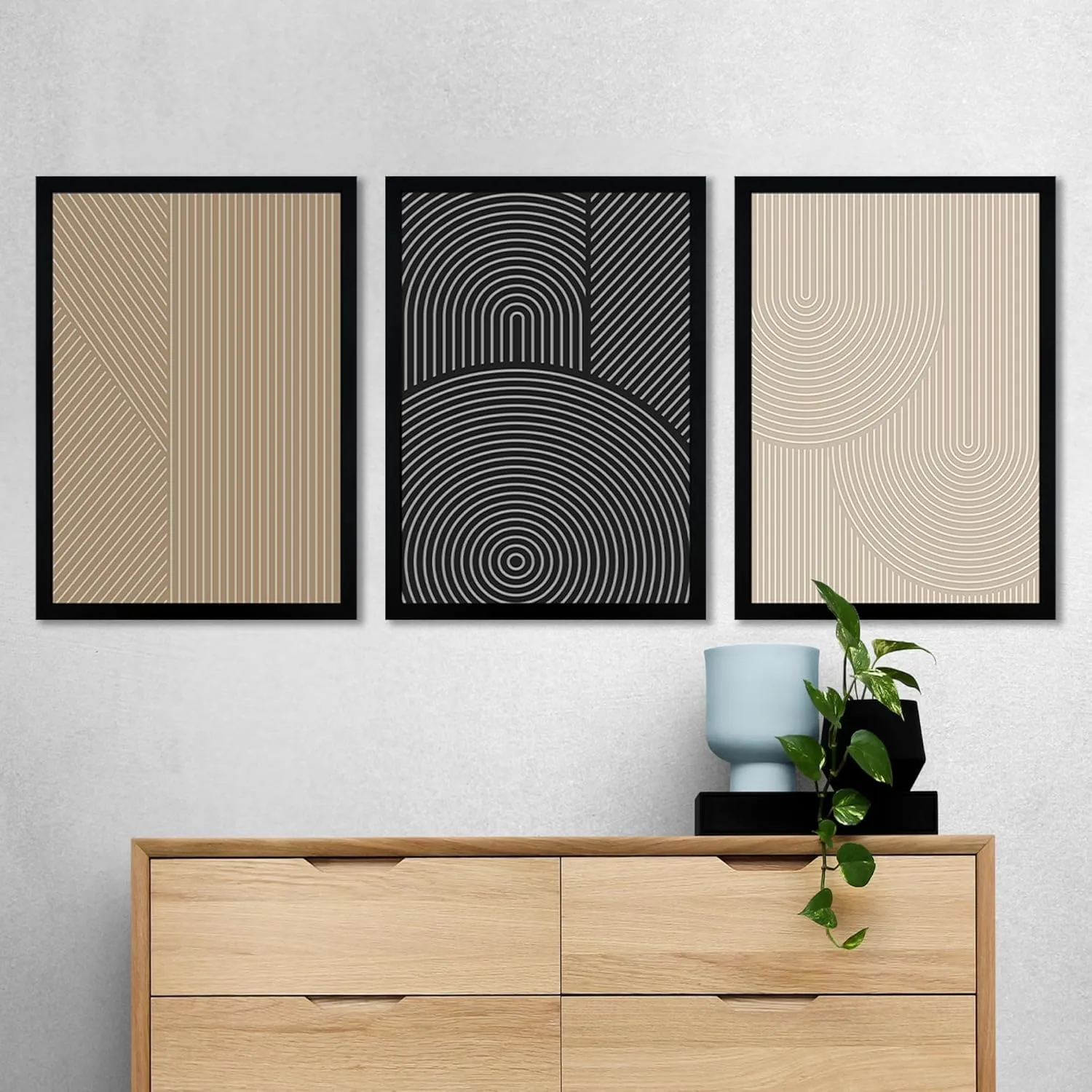 FWAHREN Framed Modern Abstract Minimalist Neutral Canvas Wall Art, Geometric Textured Line Mid Century Prints Artwork, Contemporary Japandi Wall Decor, Living Room Bedroom Office, Set of 3, 16x24in