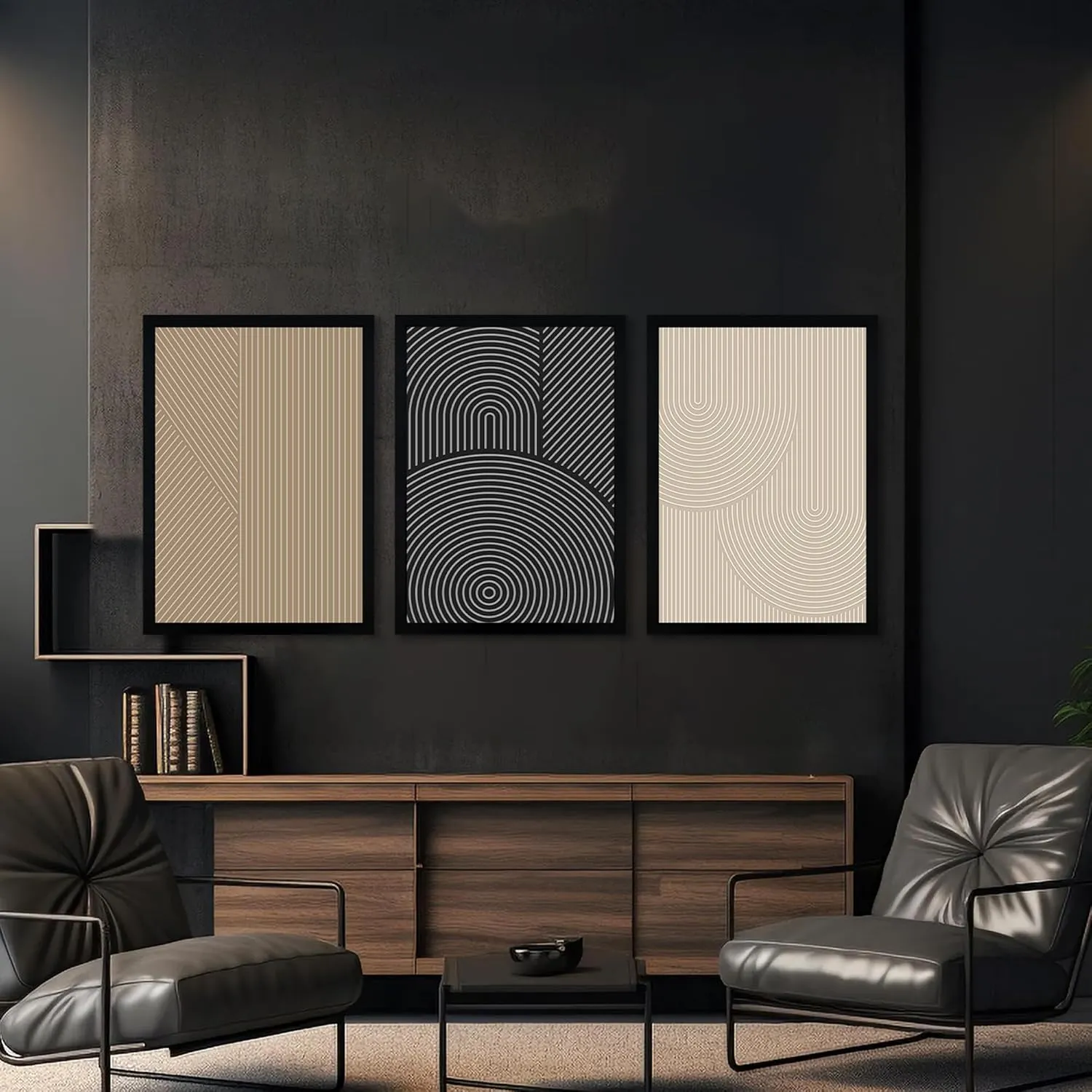 FWAHREN Framed Modern Abstract Minimalist Neutral Canvas Wall Art, Geometric Textured Line Mid Century Prints Artwork, Contemporary Japandi Wall Decor, Living Room Bedroom Office, Set of 3, 16x24in