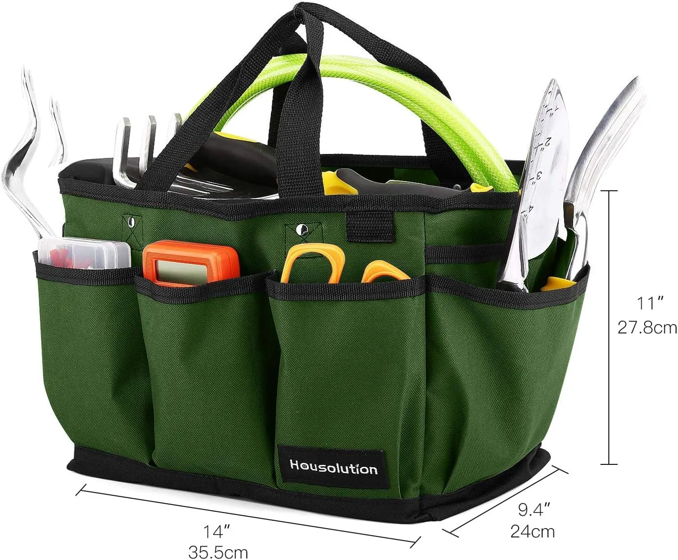 Gardening Tote Bag, Deluxe Garden Tool Storage Bag and Home Organizer with Pockets, Wear-resistant & Reusable, 14 Inch, Dark Green