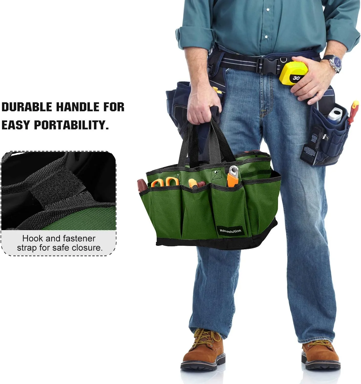 Gardening Tote Bag, Deluxe Garden Tool Storage Bag and Home Organizer with Pockets, Wear-resistant & Reusable, 14 Inch, Dark Green
