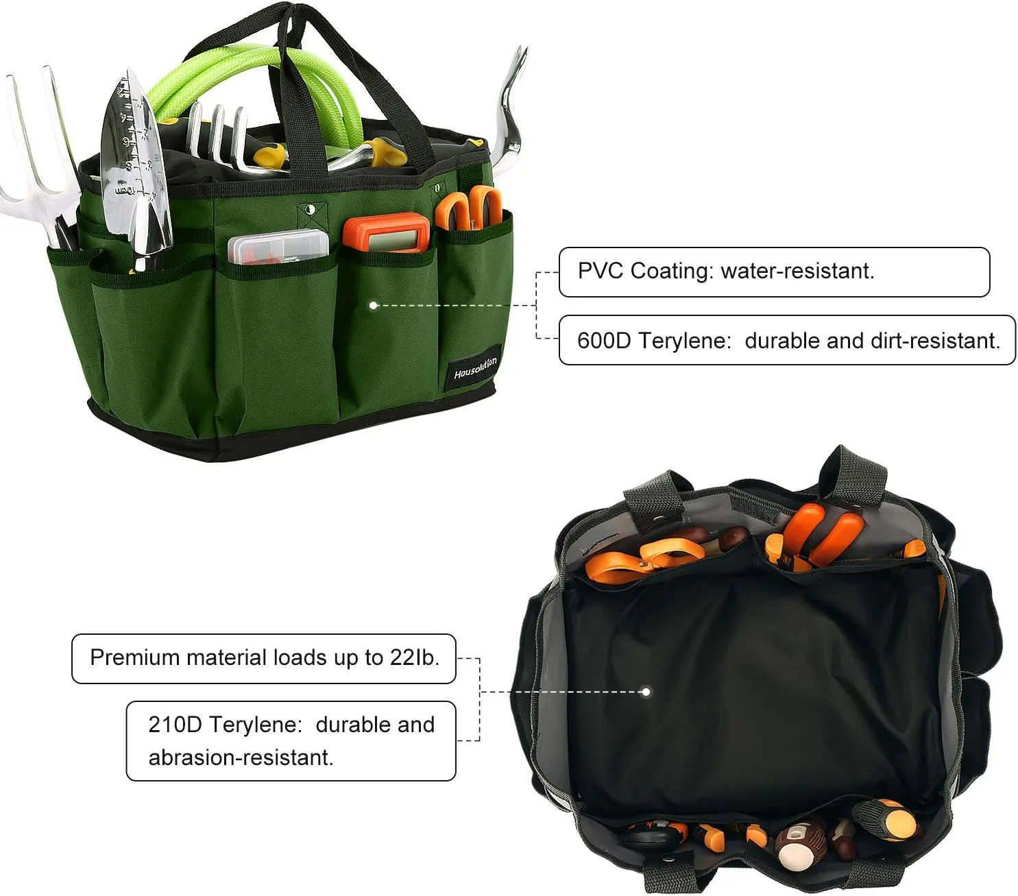 Gardening Tote Bag, Deluxe Garden Tool Storage Bag and Home Organizer with Pockets, Wear-resistant & Reusable, 14 Inch, Dark Green
