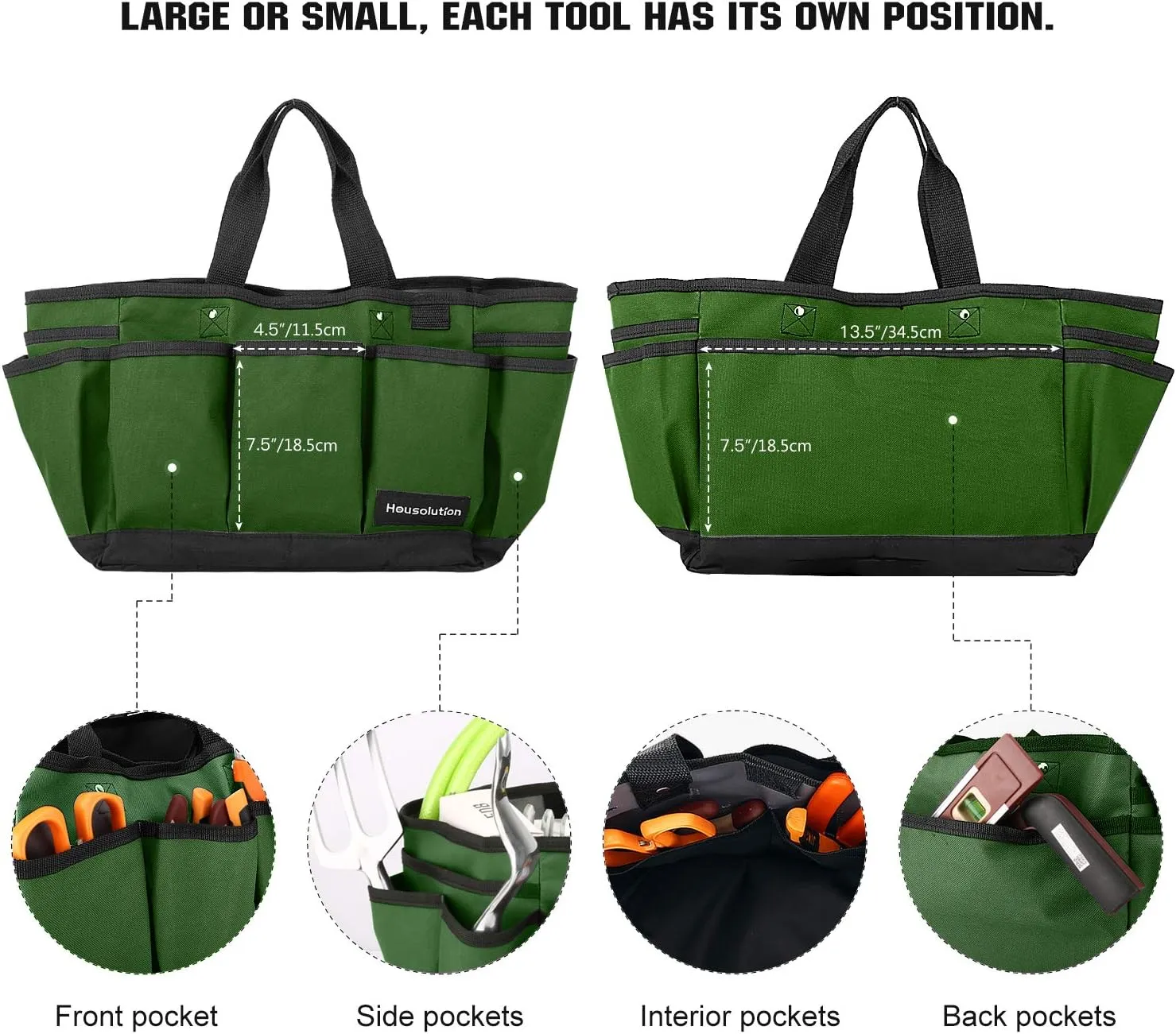 Gardening Tote Bag, Deluxe Garden Tool Storage Bag and Home Organizer with Pockets, Wear-resistant & Reusable, 14 Inch, Dark Green