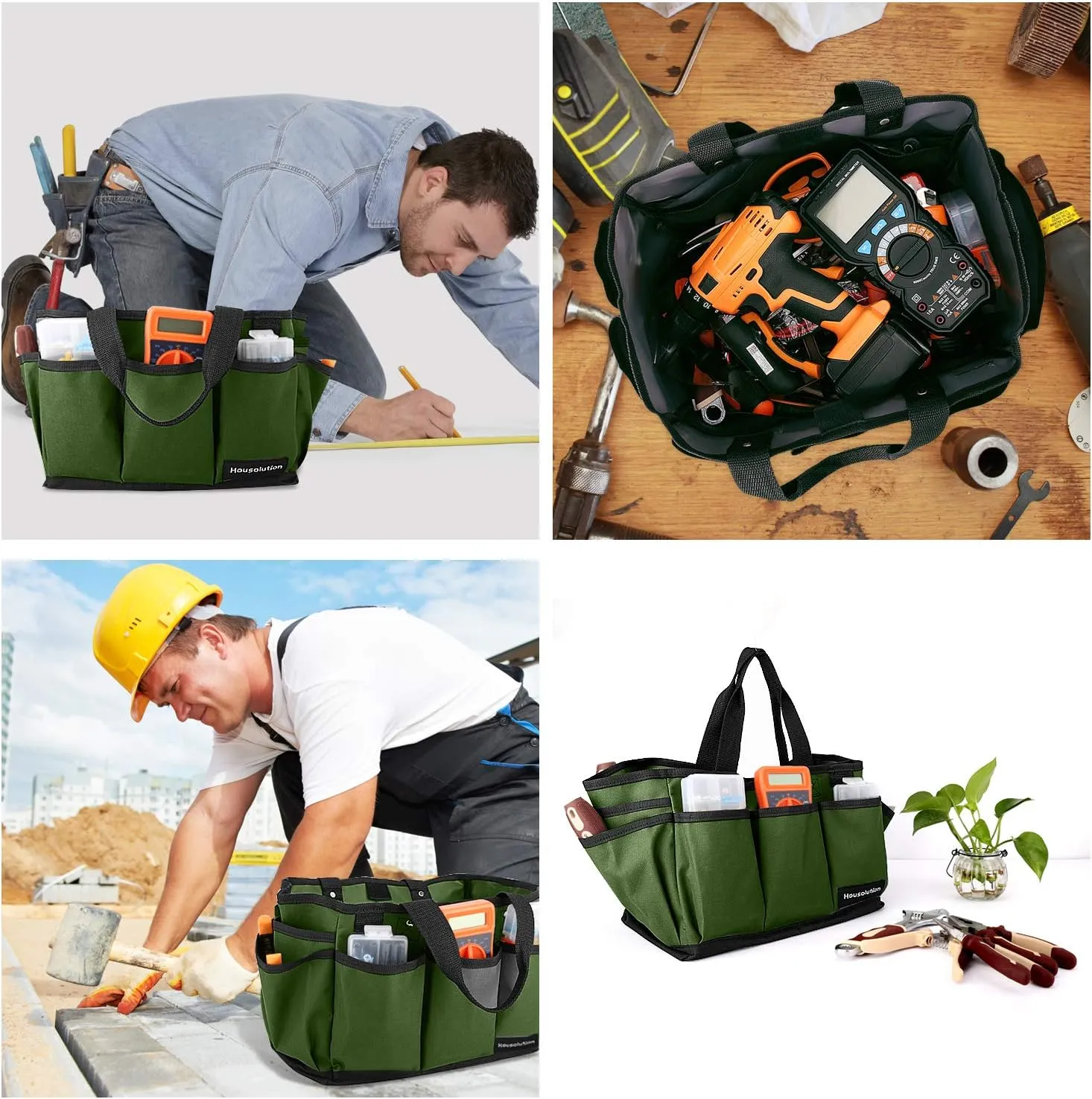 Gardening Tote Bag, Deluxe Garden Tool Storage Bag and Home Organizer with Pockets, Wear-resistant & Reusable, 14 Inch, Dark Green