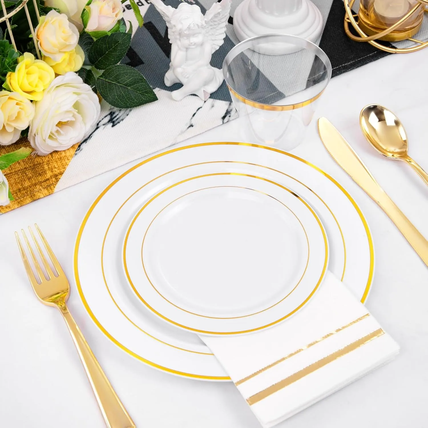 GATHER 350pcs Gold Plastic Plates - Disposable Plastic Dinnerware Set Include 50 Gold Dinner Plates, 50 Golden Salad Plate, 150 Silverware, 50 Napkins, 50 Cups Perfect for Party & Wedding
