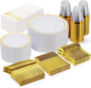 GATHER 350pcs Gold Plastic Plates - Disposable Plastic Dinnerware Set Include 50 Gold Dinner Plates, 50 Golden Salad Plate, 150 Silverware, 50 Napkins, 50 Cups Perfect for Party & Wedding