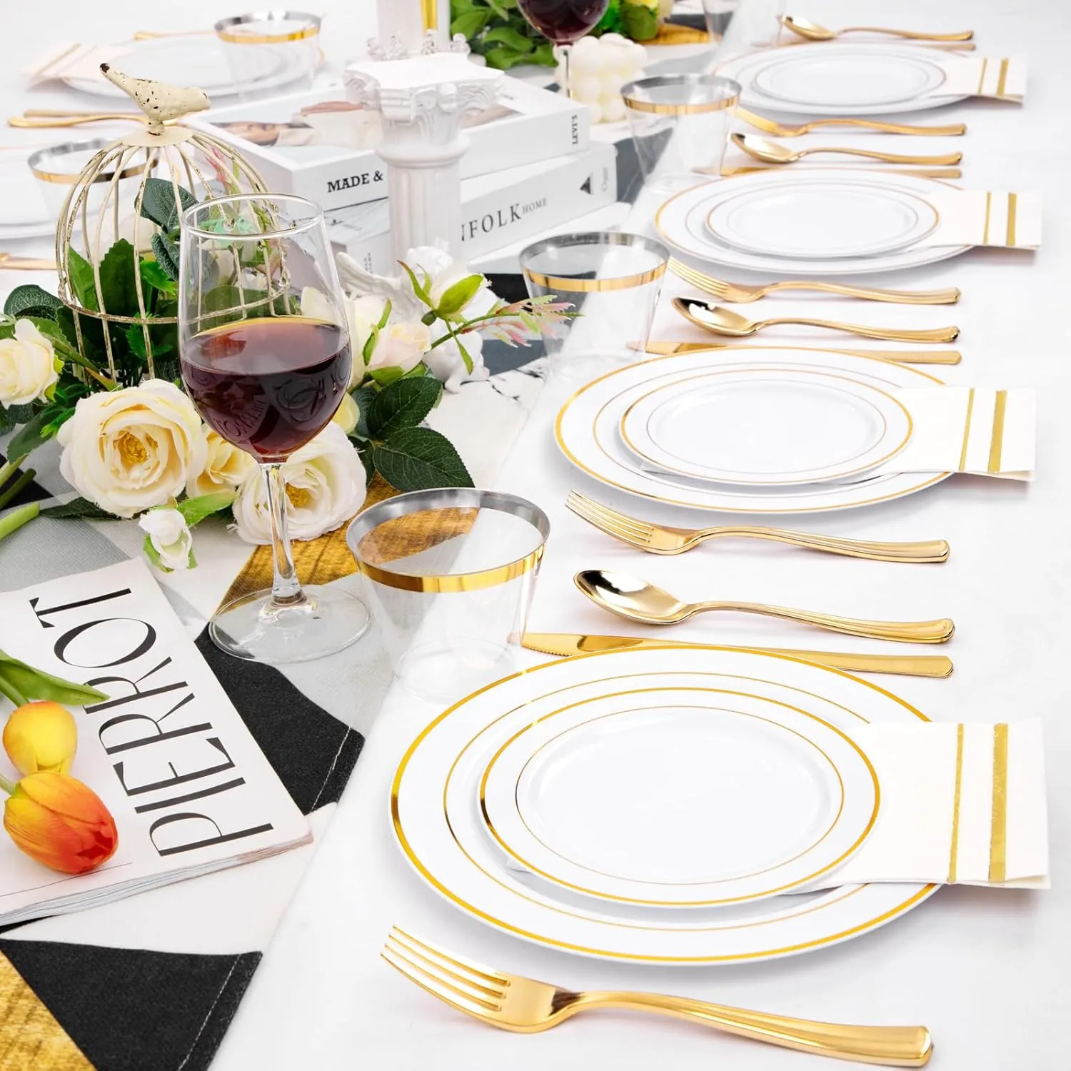 GATHER 350pcs Gold Plastic Plates - Disposable Plastic Dinnerware Set Include 50 Gold Dinner Plates, 50 Golden Salad Plate, 150 Silverware, 50 Napkins, 50 Cups Perfect for Party & Wedding