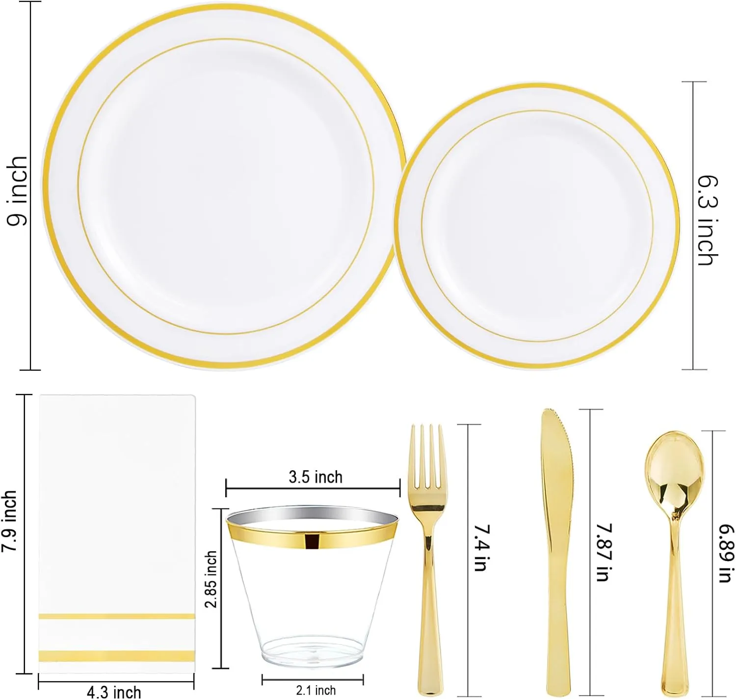 GATHER 350pcs Gold Plastic Plates - Disposable Plastic Dinnerware Set Include 50 Gold Dinner Plates, 50 Golden Salad Plate, 150 Silverware, 50 Napkins, 50 Cups Perfect for Party & Wedding