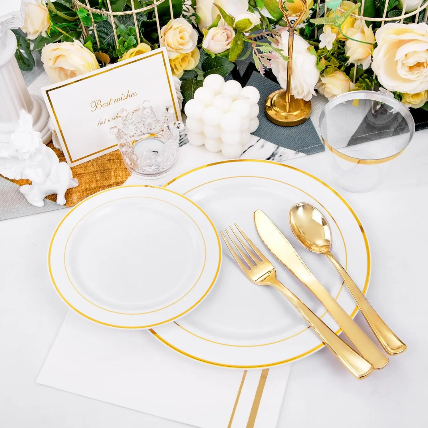 GATHER 350pcs Gold Plastic Plates - Disposable Plastic Dinnerware Set Include 50 Gold Dinner Plates, 50 Golden Salad Plate, 150 Silverware, 50 Napkins, 50 Cups Perfect for Party & Wedding