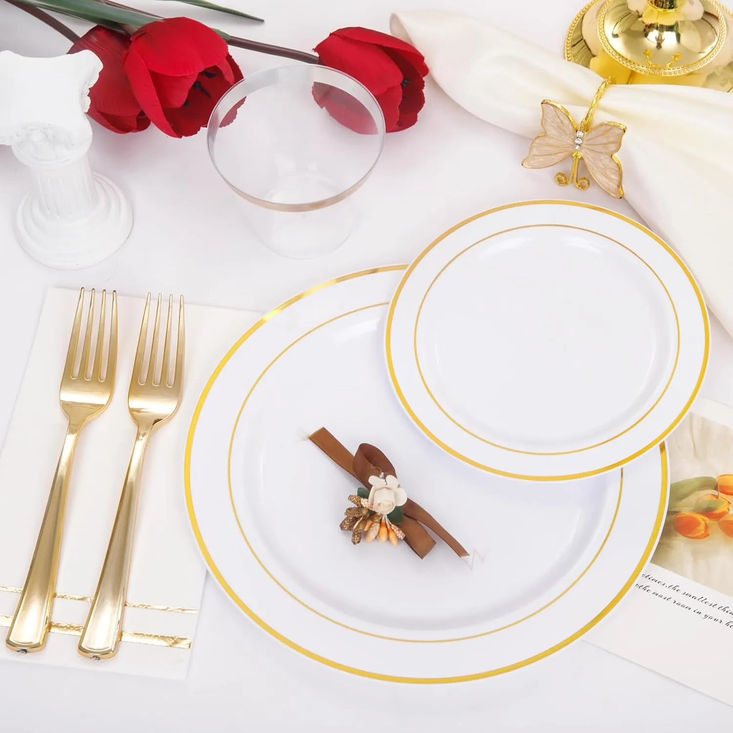 GATHER 350pcs Gold Plastic Plates - Disposable Plastic Dinnerware Set Include 50 Gold Dinner Plates, 50 Golden Salad Plate, 150 Silverware, 50 Napkins, 50 Cups Perfect for Party & Wedding