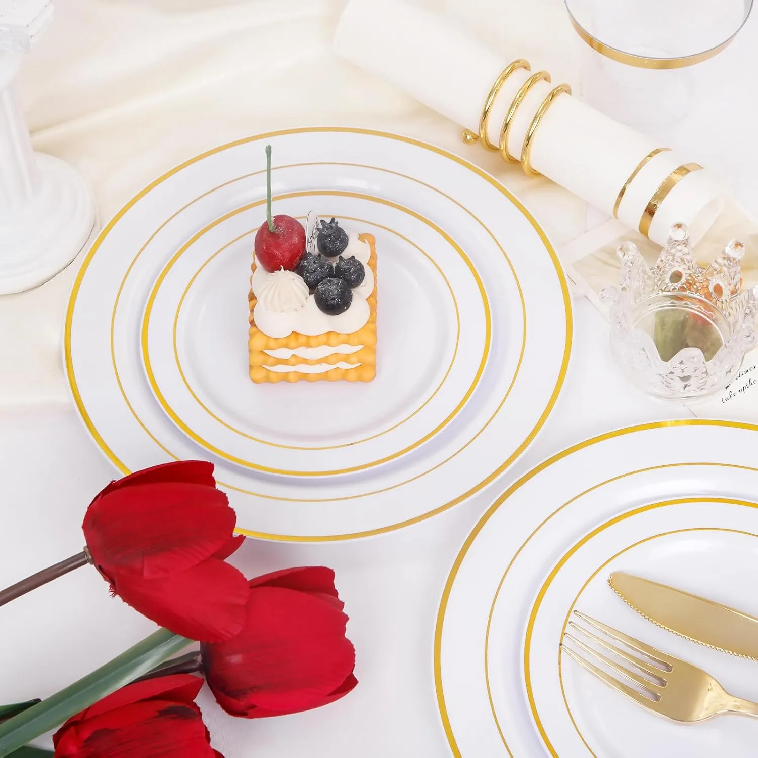 GATHER 350pcs Gold Plastic Plates - Disposable Plastic Dinnerware Set Include 50 Gold Dinner Plates, 50 Golden Salad Plate, 150 Silverware, 50 Napkins, 50 Cups Perfect for Party & Wedding