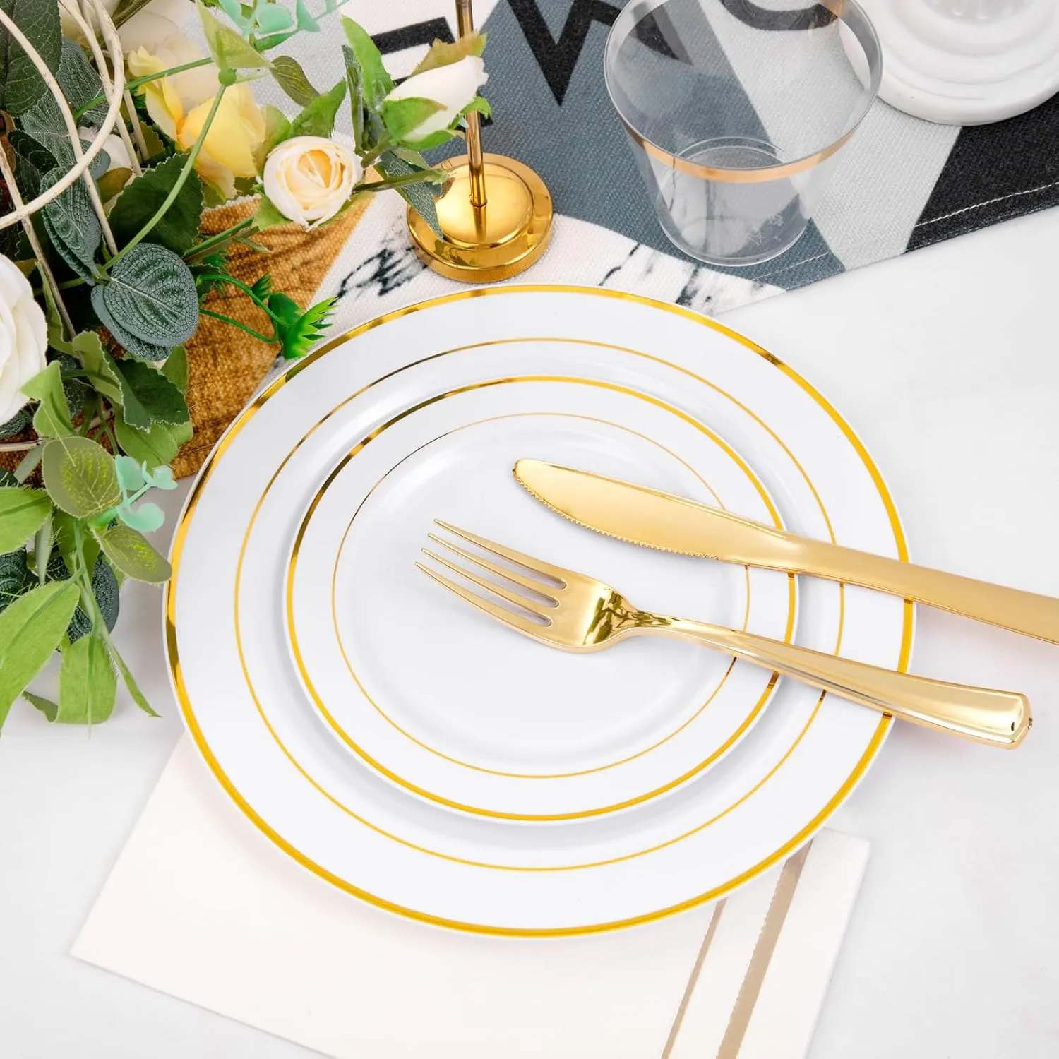 GATHER 350pcs Gold Plastic Plates - Disposable Plastic Dinnerware Set Include 50 Gold Dinner Plates, 50 Golden Salad Plate, 150 Silverware, 50 Napkins, 50 Cups Perfect for Party & Wedding
