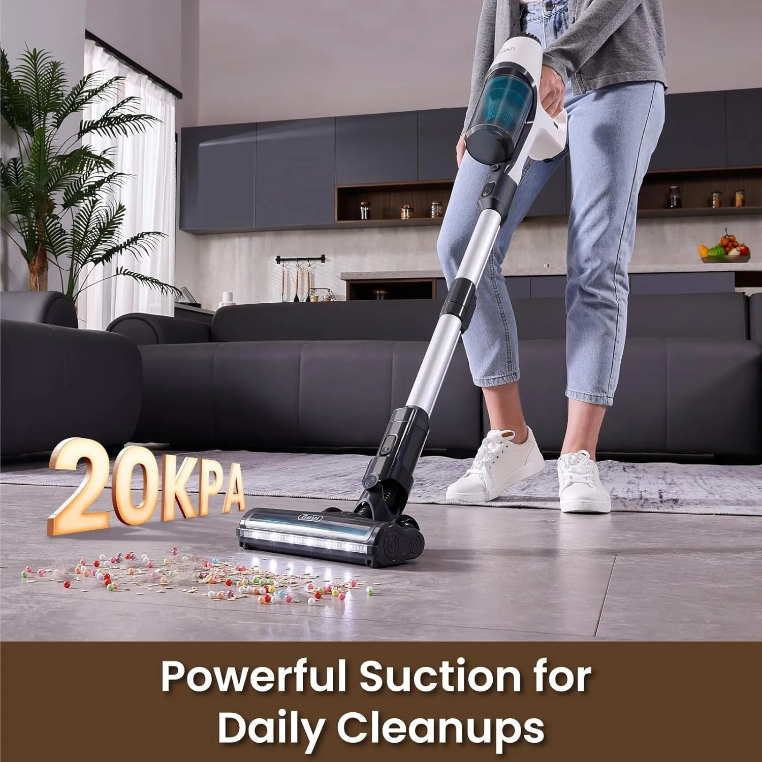 Gevi Cordless Stick Vacuum Cleaner, Vacuum Cleaners for Home with Crevice Tool and Dust Brush, Ultra Lightweight, Up to 45mins Battery Runtime, Quick Clean-Up for Hard Floors, Carpets and Upholstery