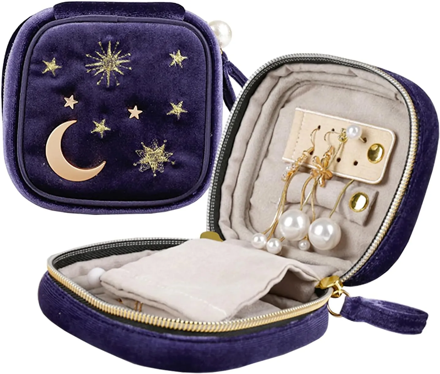 Gift for Women Teen Girls Mom Halloween Christmas Travel Jewelry Case, Plush Velvet Embroidery Applique Moon Stars Jewelry Bag Jewelry Box for Bracelet, Necklaces, Rings, Stud Earrings