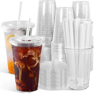 Ginkgo 100-Pack 20oz Clear Plastic Iced Coffee Cups with Lids and Straws, Disposable To Go Cups for Smoothies, Milkshake, Cold Beverages