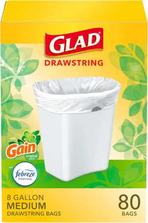 Glad Medium Drawstring Trash Bags, 8 Gal, Gain Original with Febreze, 80 Ct (Package May Vary)