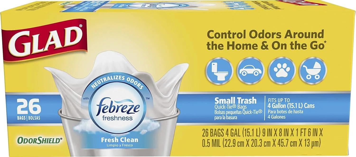 Glad Trash Bags, Small Garbage Bags - OdorShield 4 Gallon White Trash Bag, Febreze Fresh Clean Scent- 26 Count Each (Pack of 6)