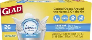 Glad Trash Bags, Small Garbage Bags - OdorShield 4 Gallon White Trash Bag, Febreze Fresh Clean Scent- 26 Count Each (Pack of 6)